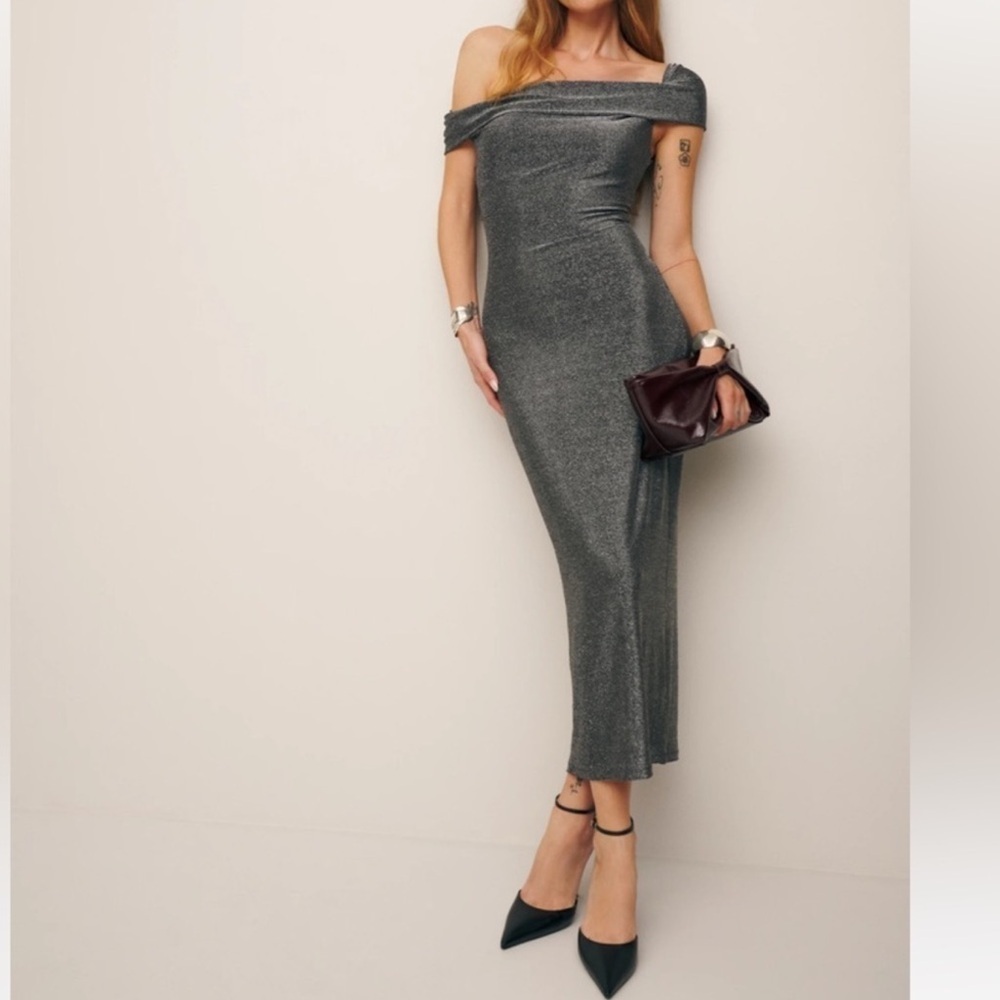 Reformation Silver Off-Shoulder Midi Dress